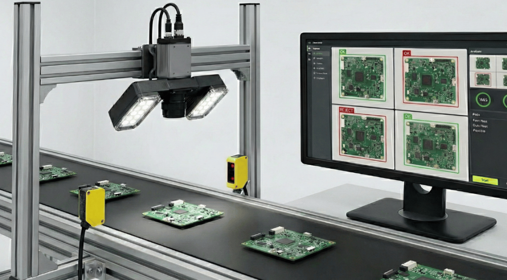 Konveyör hattı üzerinde ilerleyen elektronik devre kartlarını denetleyen endüstriyel makina görüsü sistemi; üstte aydınlatmalı kamera modülü, yanda sensörler ve monitörde OK / REJECT sonuçlarıyla kart görüntülerini gösteren analiz ekranı.